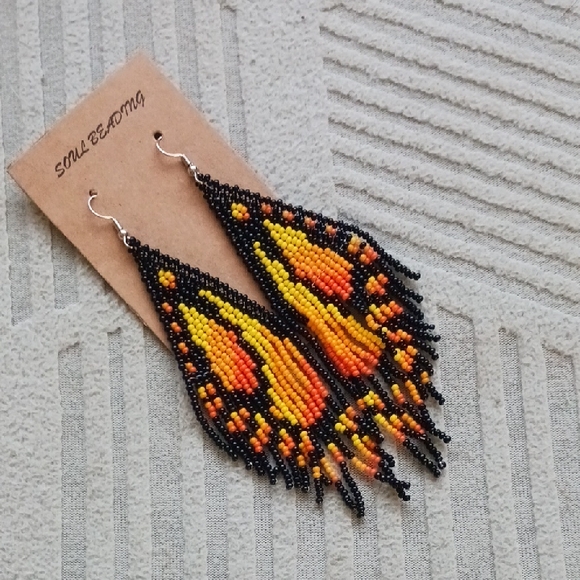 still beading Jewelry - Beaded Monarch Butterfly Wing Earrings with Black Orange and Yellow Accents